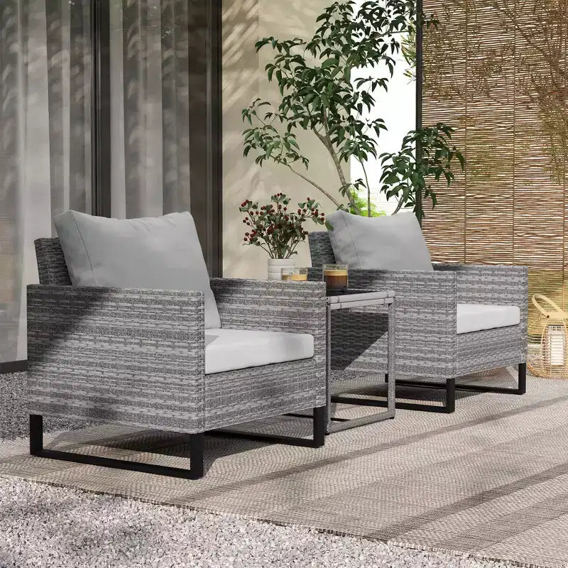 Outsunny 3 Pieces Patio Furniture Set, Wicker Bistro Set with 4 Cushions, Rattan Chairs and Glass Coffee Table for Backyard, Porch, Balcony, Gray