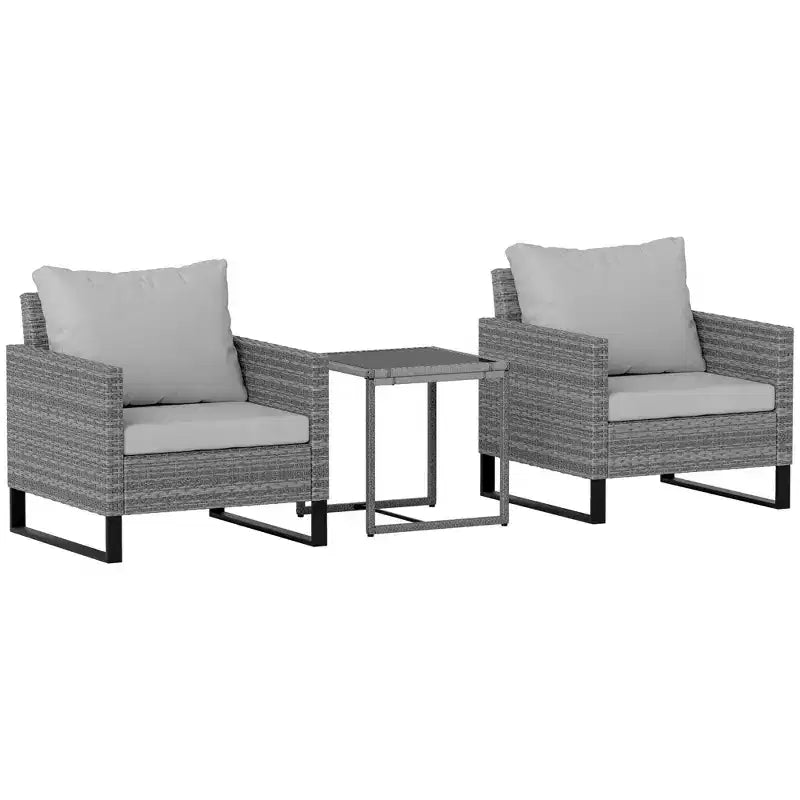 Outsunny 3 Pieces Patio Furniture Set, Wicker Bistro Set with 4 Cushions, Rattan Chairs and Glass Coffee Table for Backyard, Porch, Balcony, Gray