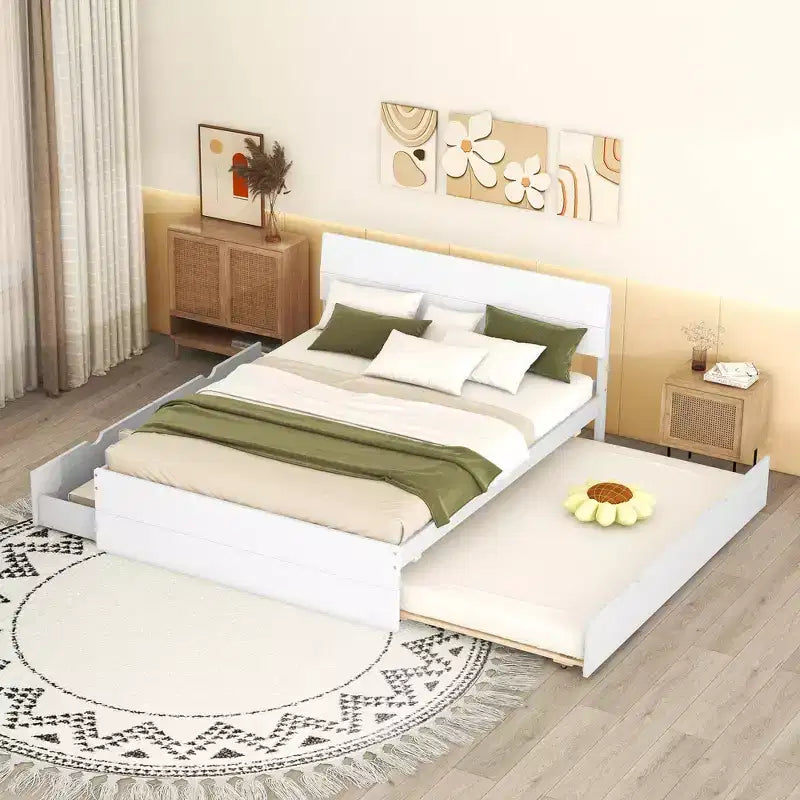 GDFStudio Julie Modern Solid Wood Full Size Platform Bed with Twin Size Trundle, 2 Drawers and Headboard