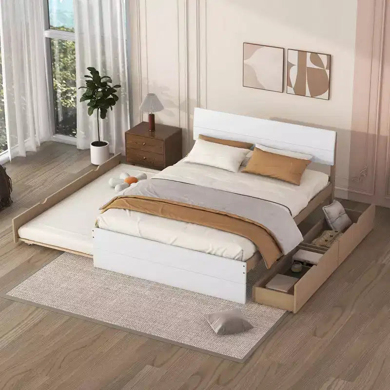 GDFStudio Julie Modern Solid Wood Full Size Platform Bed with Twin Size Trundle, 2 Drawers and Headboard