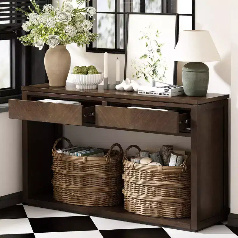 Rustic Wooden Console Table with Storage Drawers and Open Shelf, Elegant Entryway Table for Hallway and Living Room - ModernLuxe