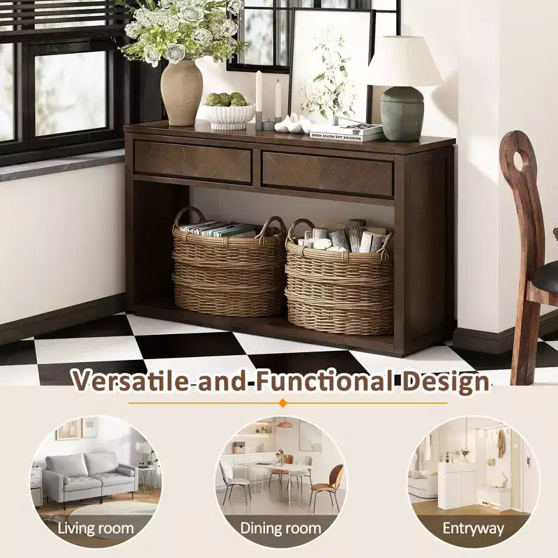 Rustic Wooden Console Table with Storage Drawers and Open Shelf, Elegant Entryway Table for Hallway and Living Room - ModernLuxe
