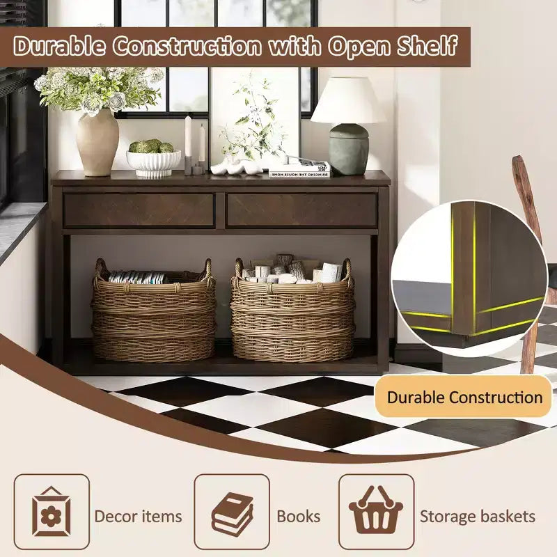 Rustic Wooden Console Table with Storage Drawers and Open Shelf, Elegant Entryway Table for Hallway and Living Room - ModernLuxe