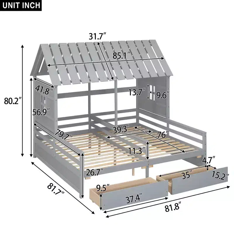 Whisen House Platform Beds with Two Drawers for Boy and Girl Shared Beds