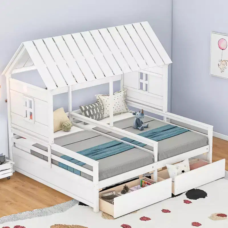 Whisen House Platform Beds with Two Drawers for Boy and Girl Shared Beds