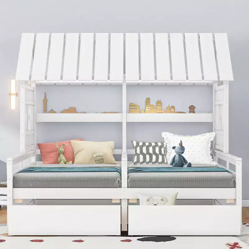 Whisen House Platform Beds with Two Drawers for Boy and Girl Shared Beds