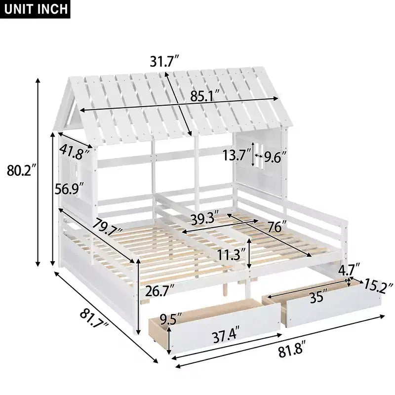 Whisen House Platform Beds with Two Drawers for Boy and Girl Shared Beds