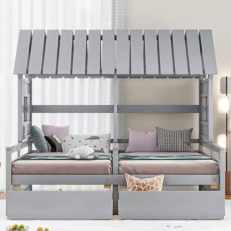 Whisen House Platform Beds with Two Drawers for Boy and Girl Shared Beds