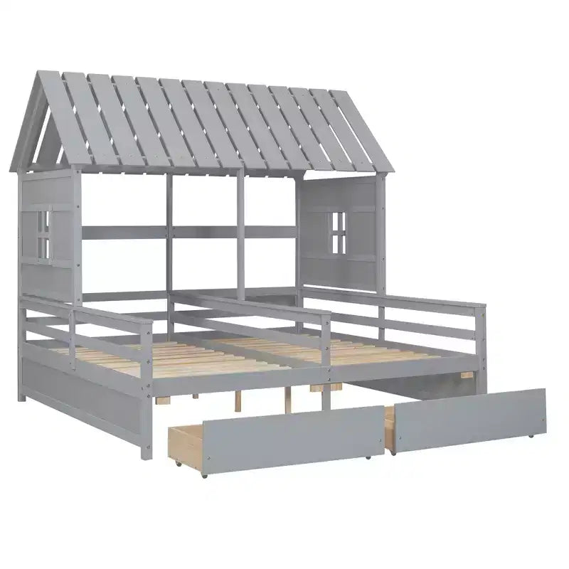 Whisen House Platform Beds with Two Drawers for Boy and Girl Shared Beds