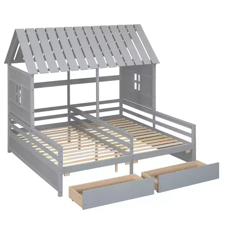 Whisen House Platform Beds with Two Drawers for Boy and Girl Shared Beds