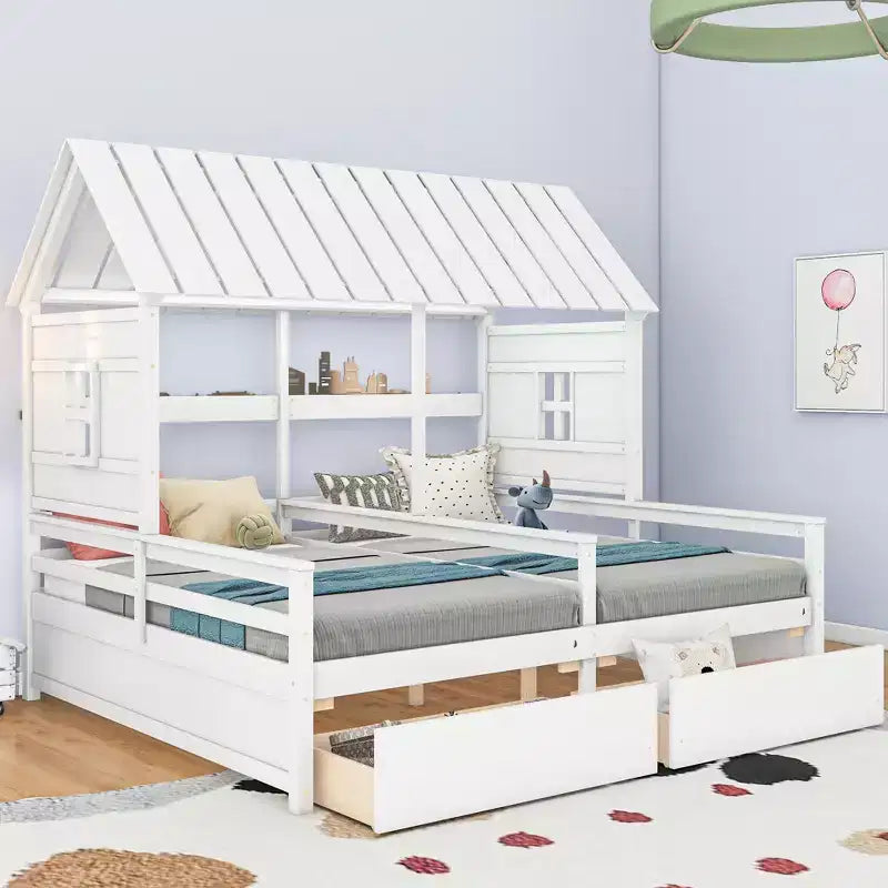Whisen House Platform Beds with Two Drawers for Boy and Girl Shared Beds