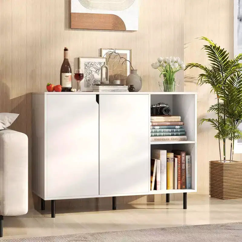 Costway Kitchen Sideboard Buffet with Adjustable Shelves 2 Doors Sturdy Metal Legs White
