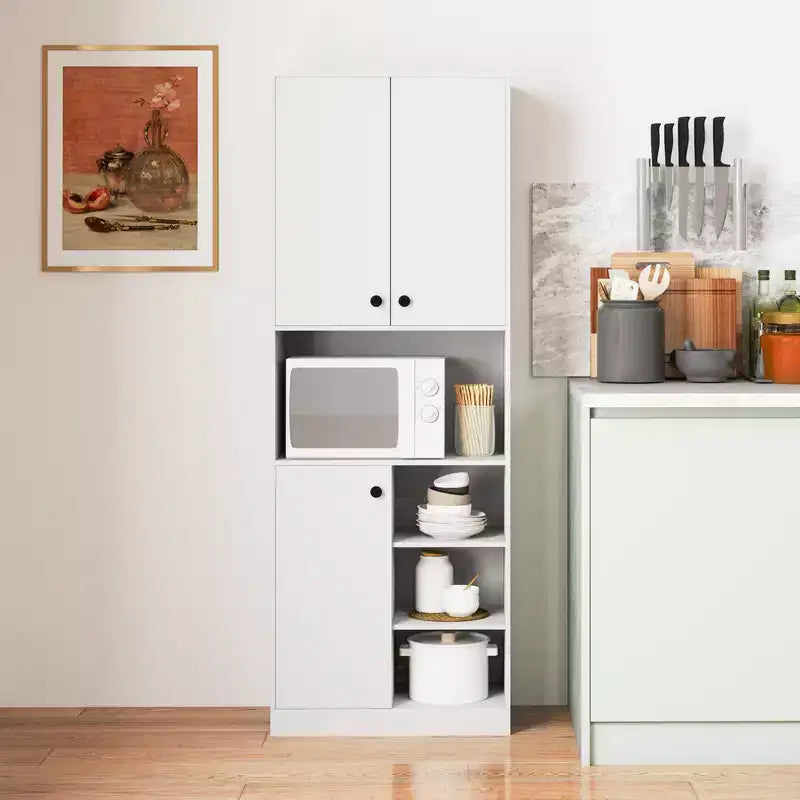 Costway Kitchen Pantry Storage Cabinet 65.5 Tall Modern Hutch Cabinet with Microwave Stand Brown/White