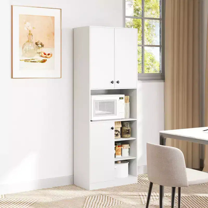 Costway Kitchen Pantry Storage Cabinet 65.5 Tall Modern Hutch Cabinet with Microwave Stand Brown/White