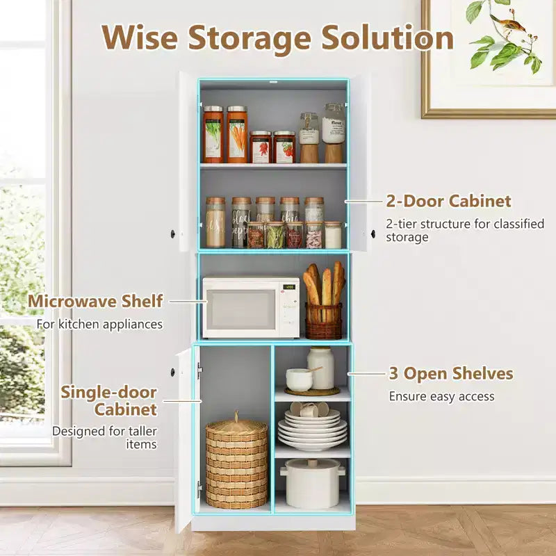 Costway Kitchen Pantry Storage Cabinet 65.5 Tall Modern Hutch Cabinet with Microwave Stand Brown/White