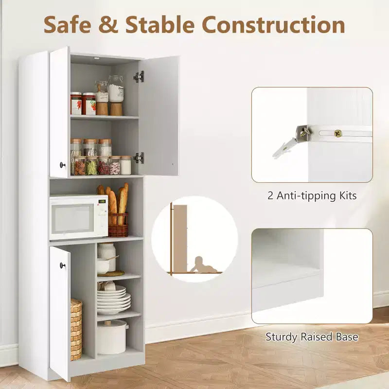 Costway Kitchen Pantry Storage Cabinet 65.5 Tall Modern Hutch Cabinet with Microwave Stand Brown/White