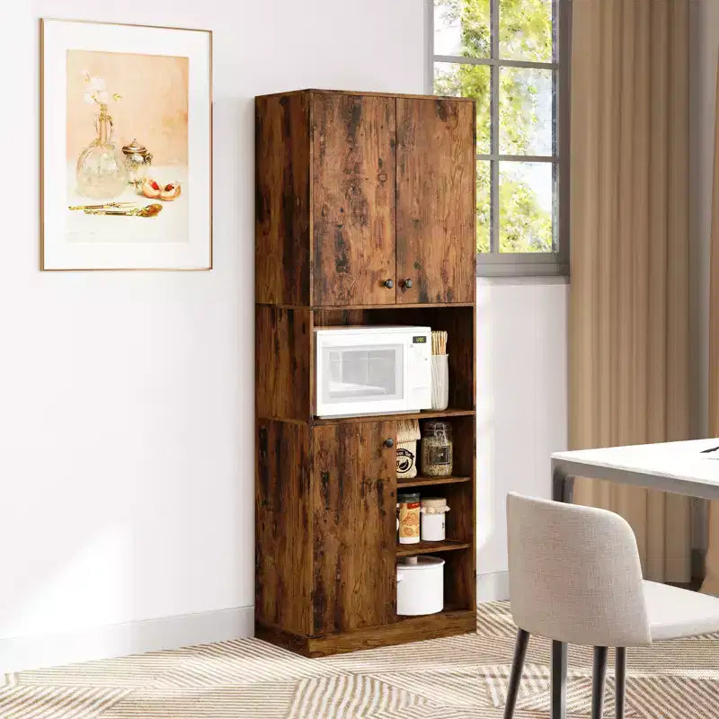 Costway Kitchen Pantry Storage Cabinet 65.5 Tall Modern Hutch Cabinet with Microwave Stand Brown/White