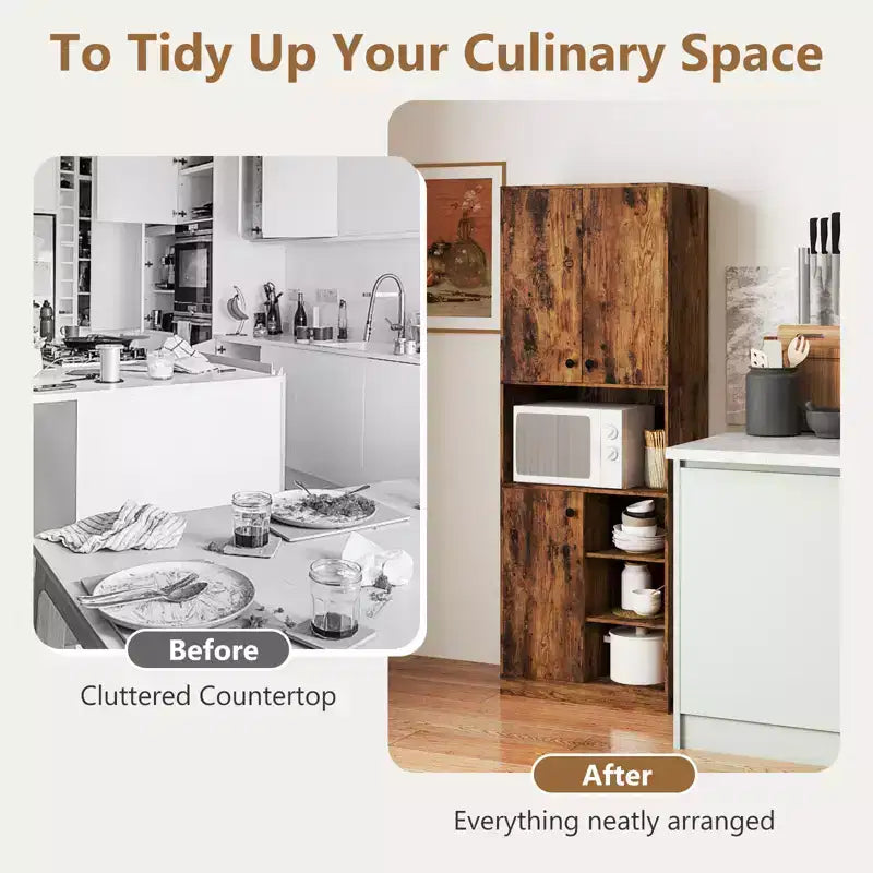 Costway Kitchen Pantry Storage Cabinet 65.5 Tall Modern Hutch Cabinet with Microwave Stand Brown/White