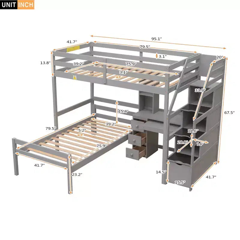 Whisen 95.1''L  79.5''W Twin Size Loft Bed with a Stand-alone Bed, Storage Staircase, Desk, Shelves and Drawers