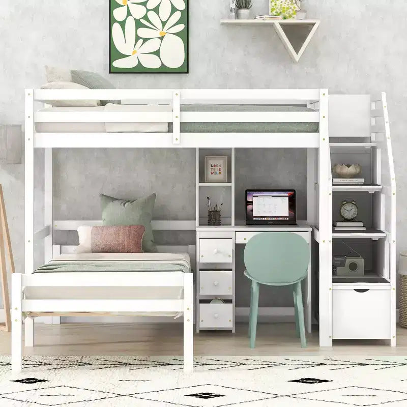Whisen 95.1''L  79.5''W Twin Size Loft Bed with a Stand-alone Bed, Storage Staircase, Desk, Shelves and Drawers
