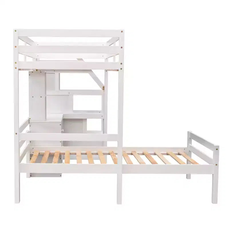 Whisen 95.1''L  79.5''W Twin Size Loft Bed with a Stand-alone Bed, Storage Staircase, Desk, Shelves and Drawers