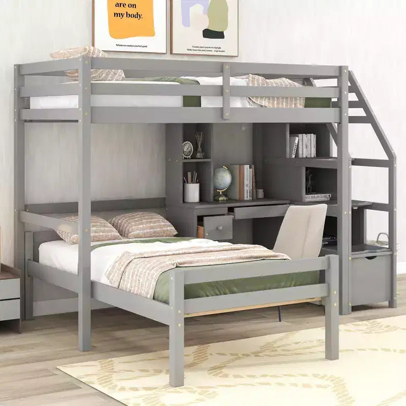 Whisen 95.1''L  79.5''W Twin Size Loft Bed with a Stand-alone Bed, Storage Staircase, Desk, Shelves and Drawers