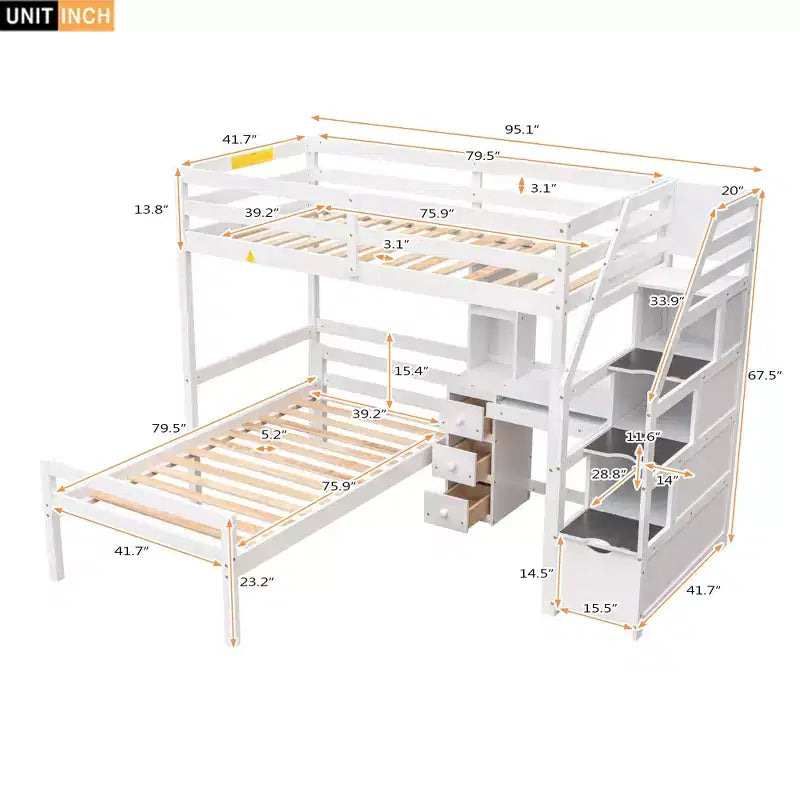 Whisen 95.1''L  79.5''W Twin Size Loft Bed with a Stand-alone Bed, Storage Staircase, Desk, Shelves and Drawers