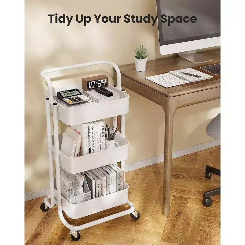 Pipishell 3-Tier Mesh Utility Cart - Rolling Metal Storage Cart with Handle & Lockable Wheels for Kitchen, Living Room & Office, White