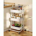 Pipishell 3-Tier Mesh Utility Cart - Rolling Metal Storage Cart with Handle & Lockable Wheels for Kitchen, Living Room & Office, White