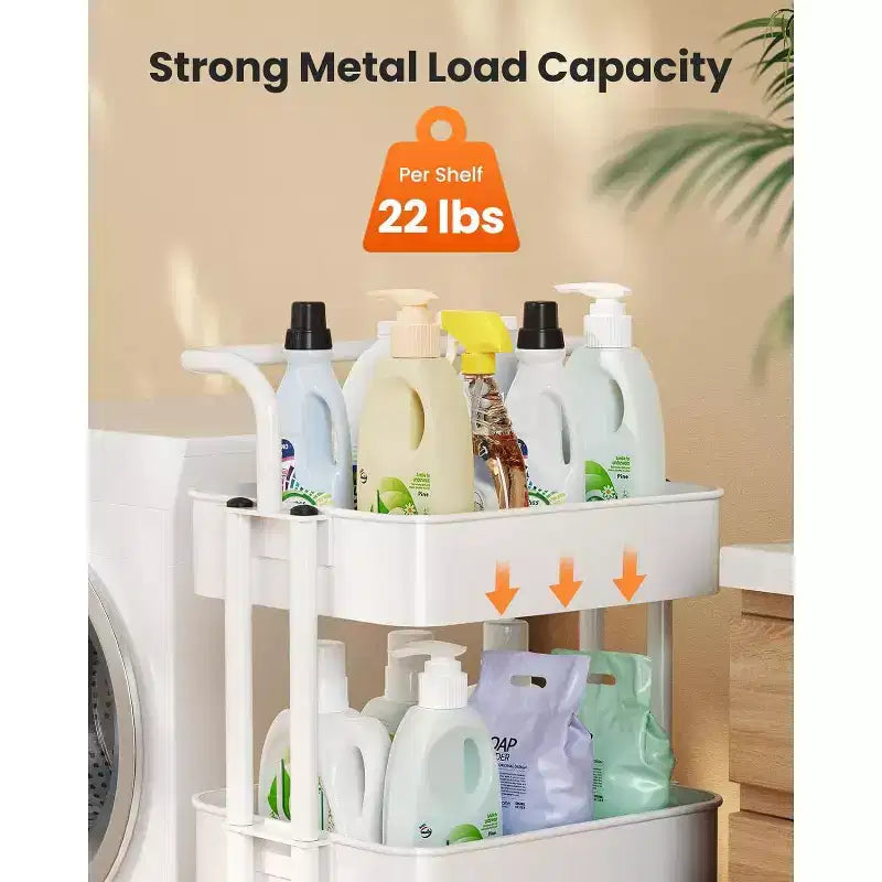 Pipishell 3-Tier Mesh Utility Cart - Rolling Metal Storage Cart with Handle & Lockable Wheels for Kitchen, Living Room & Office, White