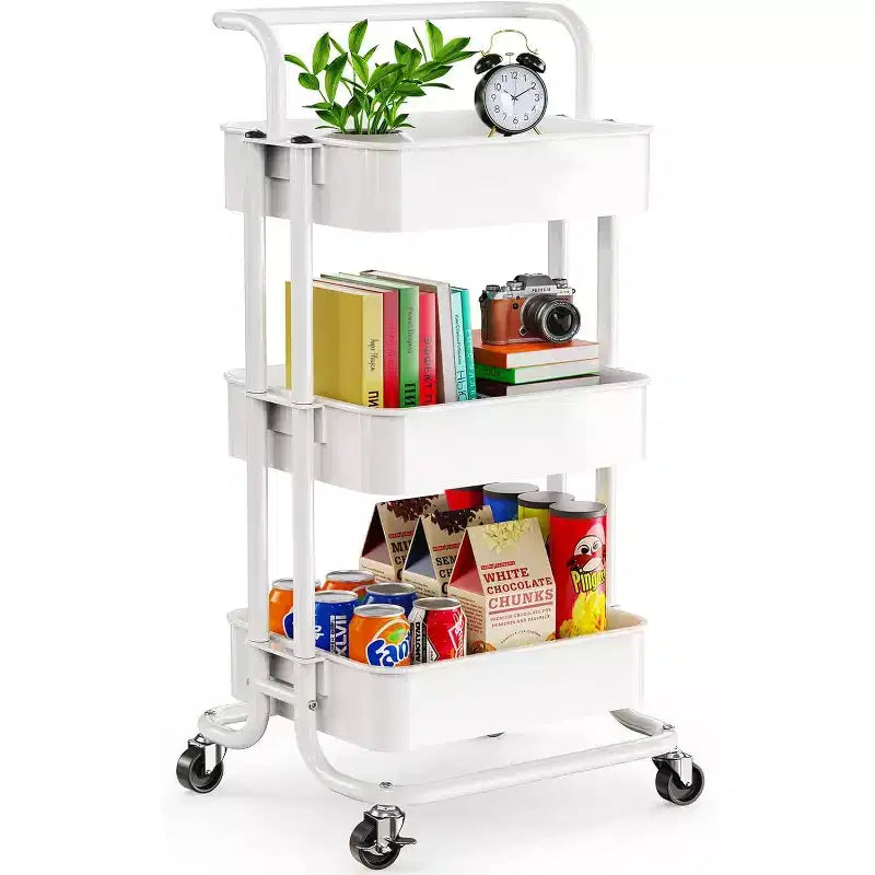 Pipishell 3-Tier Mesh Utility Cart - Rolling Metal Storage Cart with Handle & Lockable Wheels for Kitchen, Living Room & Office, White