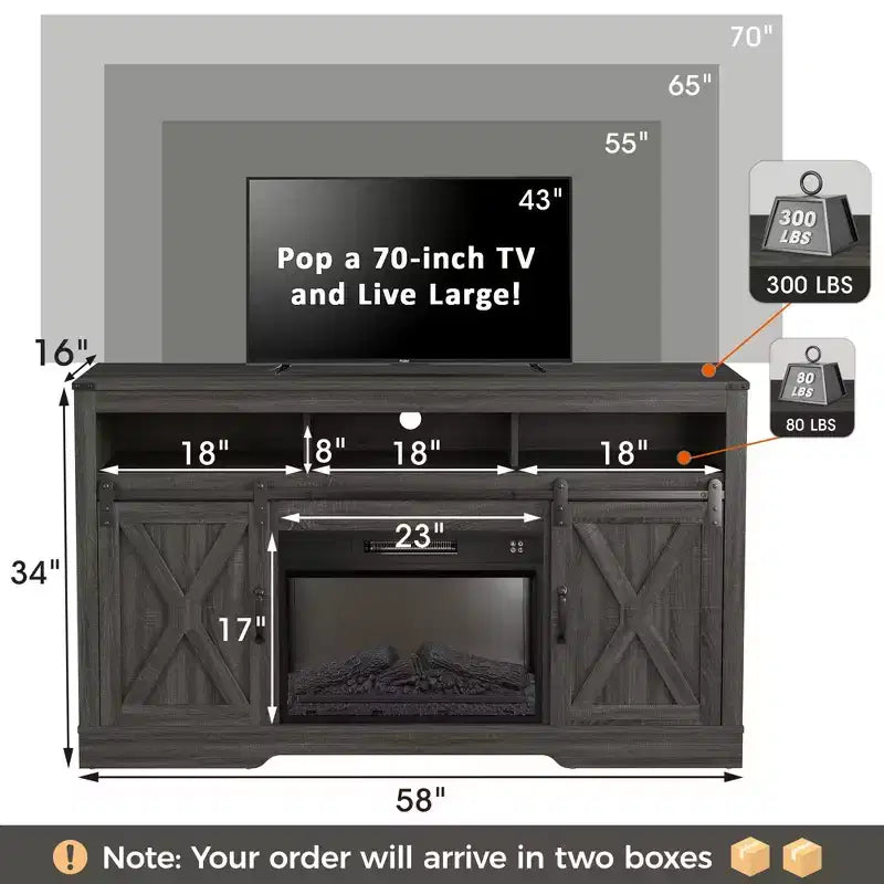 Heynemo Fireplace TV Stand for 65''+, Farmhouse Entertainment Center with 23 Electric Fireplace with Remote and Sliding Bar Door