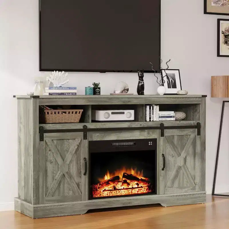 Heynemo Fireplace TV Stand for 65''+, Farmhouse Entertainment Center with 23 Electric Fireplace with Remote and Sliding Bar Door