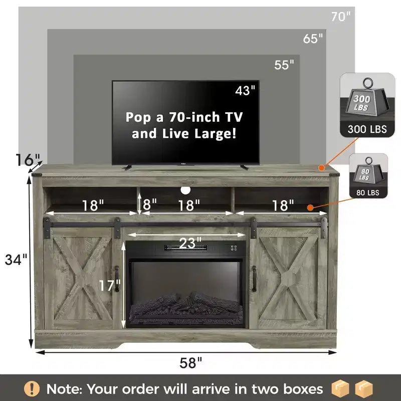 Heynemo Fireplace TV Stand for 65''+, Farmhouse Entertainment Center with 23 Electric Fireplace with Remote and Sliding Bar Door