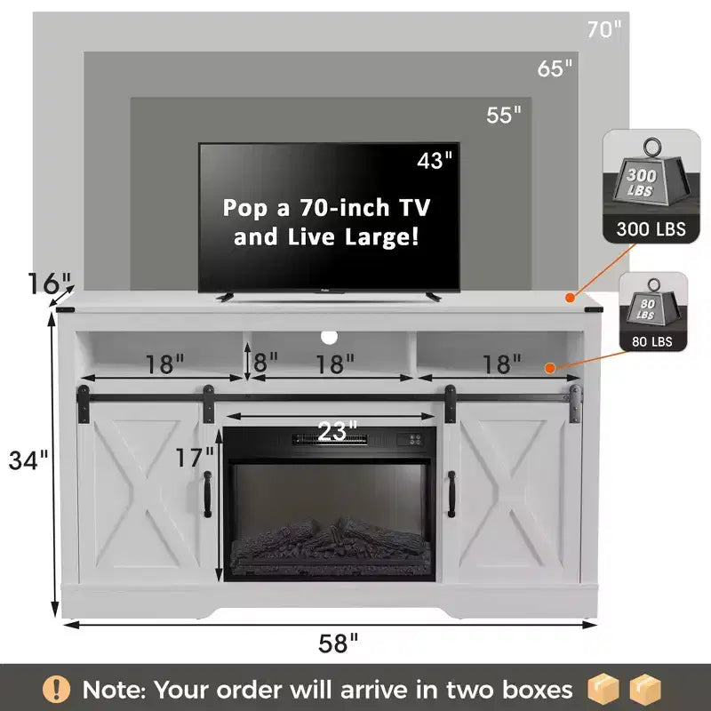 Heynemo Fireplace TV Stand for 65''+, Farmhouse Entertainment Center with 23 Electric Fireplace with Remote and Sliding Bar Door
