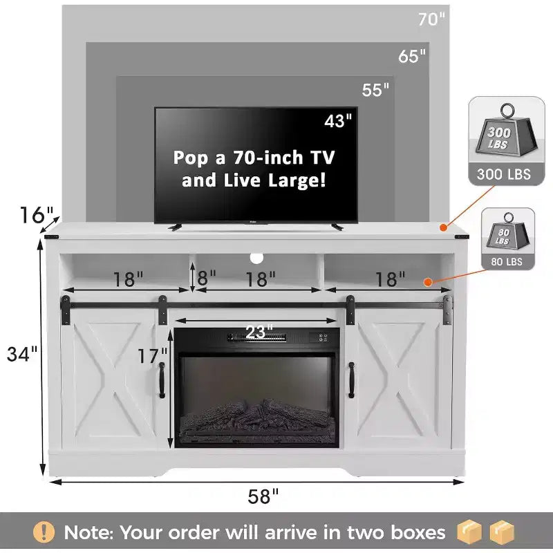 Heynemo Fireplace TV Stand for 65''+, Farmhouse Entertainment Center with 23 Electric Fireplace with Remote and Sliding Bar Door