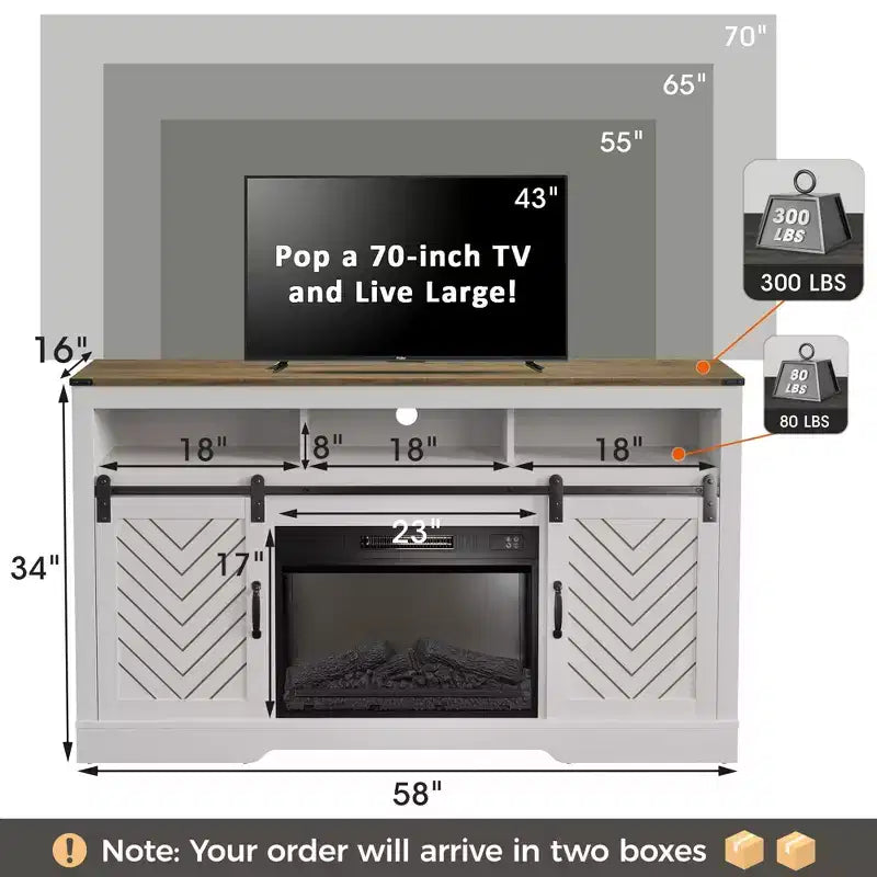 Heynemo Fireplace TV Stand for 65''+, Farmhouse Entertainment Center with 23 Electric Fireplace with Remote and Sliding Bar Door