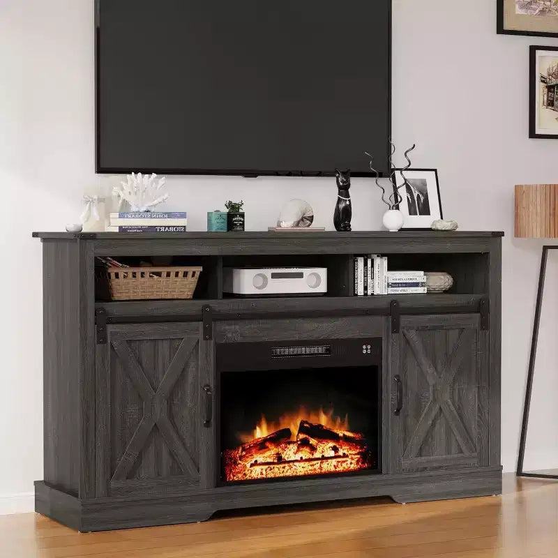 Heynemo Fireplace TV Stand for 65''+, Farmhouse Entertainment Center with 23 Electric Fireplace with Remote and Sliding Bar Door