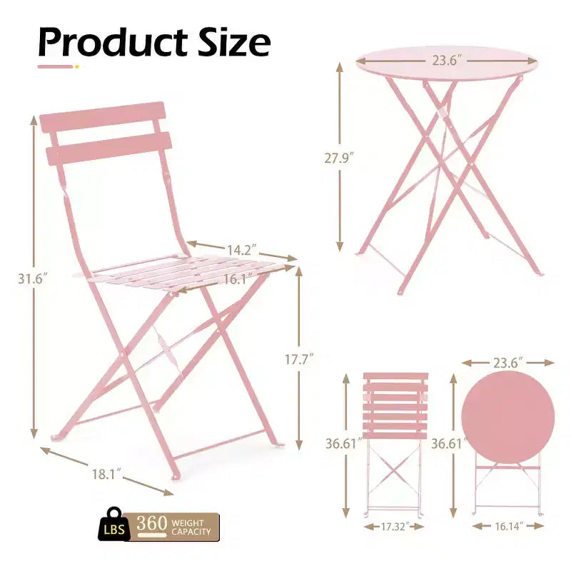 EROMMY Outdoor 3-Pc Bistro Set, Patio Dining Set, Foldable, Stainless Steel, Suitable for Patio, Balcony, Garden, Pool - Pink