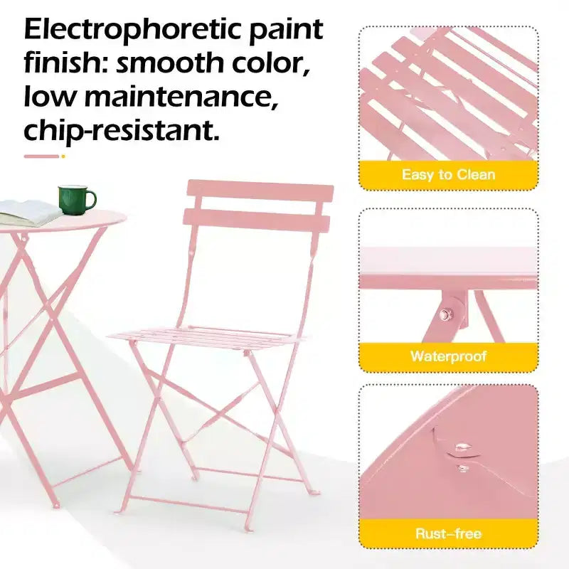EROMMY Outdoor 3-Pc Bistro Set, Patio Dining Set, Foldable, Stainless Steel, Suitable for Patio, Balcony, Garden, Pool - Pink