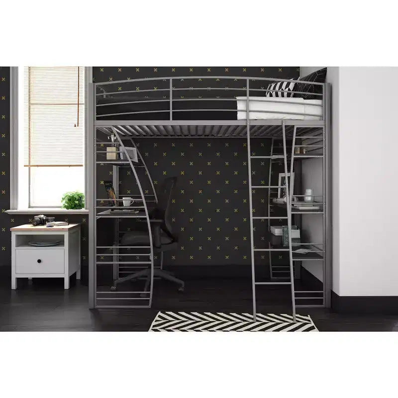 DHP Sage Studio Twin Metal Loft Bed with Integrated Desk and Shelves
