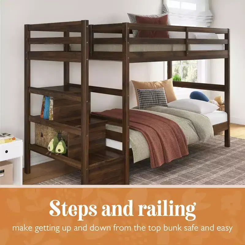 Max & Finn Zaire Twin over Twin Wood Bunk Bed with Shelf Stairs