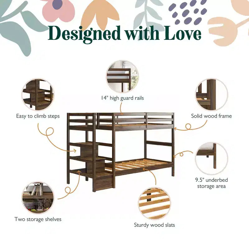 Max & Finn Zaire Twin over Twin Wood Bunk Bed with Shelf Stairs