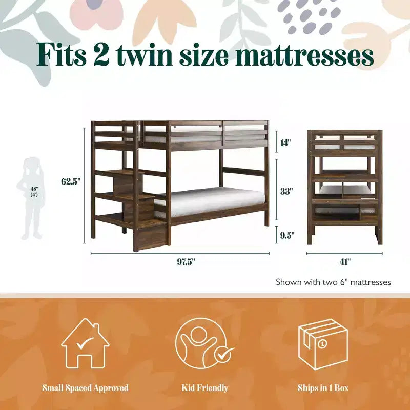 Max & Finn Zaire Twin over Twin Wood Bunk Bed with Shelf Stairs