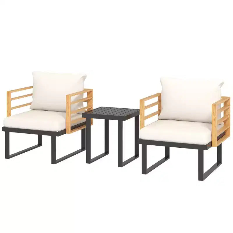 Outsunny 3 Pieces Outdoor Bistro Set, Metal Patio Furniture with Cushions, Armchairs and Slatted Table, Small Patio Set for Balcony, Porch, Beige