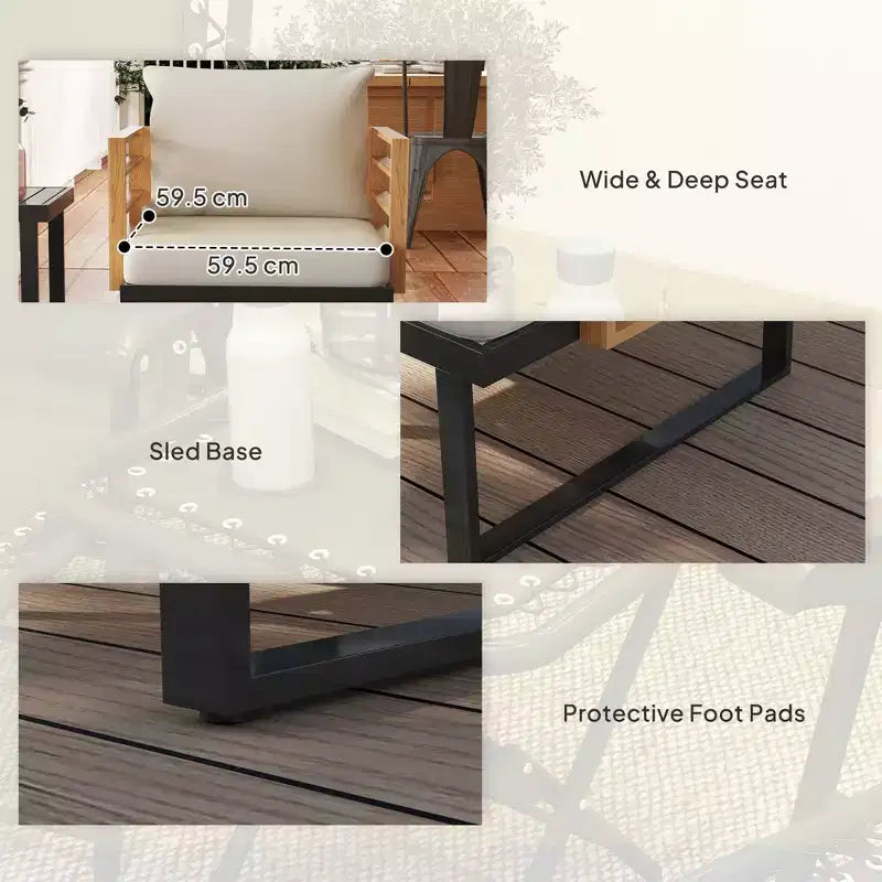 Outsunny 3 Pieces Outdoor Bistro Set, Metal Patio Furniture with Cushions, Armchairs and Slatted Table, Small Patio Set for Balcony, Porch, Beige
