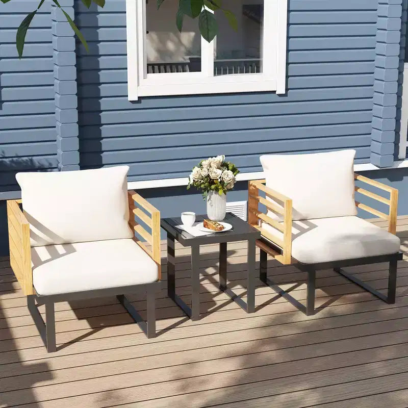 Outsunny 3 Pieces Outdoor Bistro Set, Metal Patio Furniture with Cushions, Armchairs and Slatted Table, Small Patio Set for Balcony, Porch, Beige