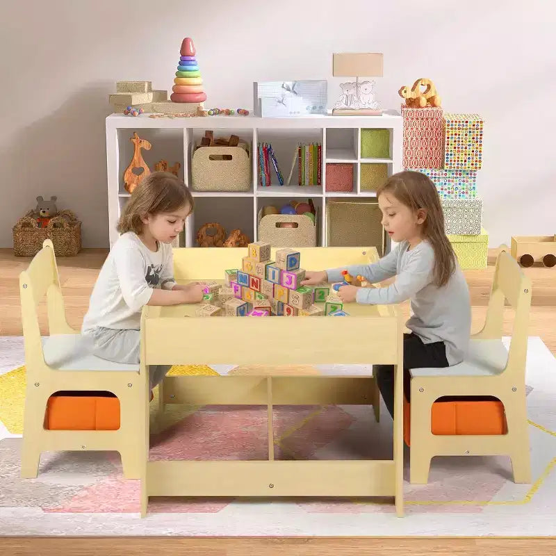 Kinder King 3-in-1 Kids Table & 2 Chairs Set with Storage, Removable Top & Blackboard, for Art, Crafts, Reading