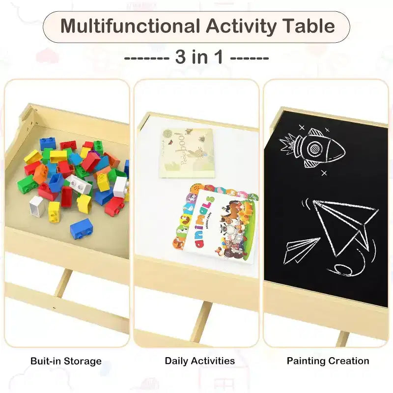 Kinder King 3-in-1 Kids Table & 2 Chairs Set with Storage, Removable Top & Blackboard, for Art, Crafts, Reading