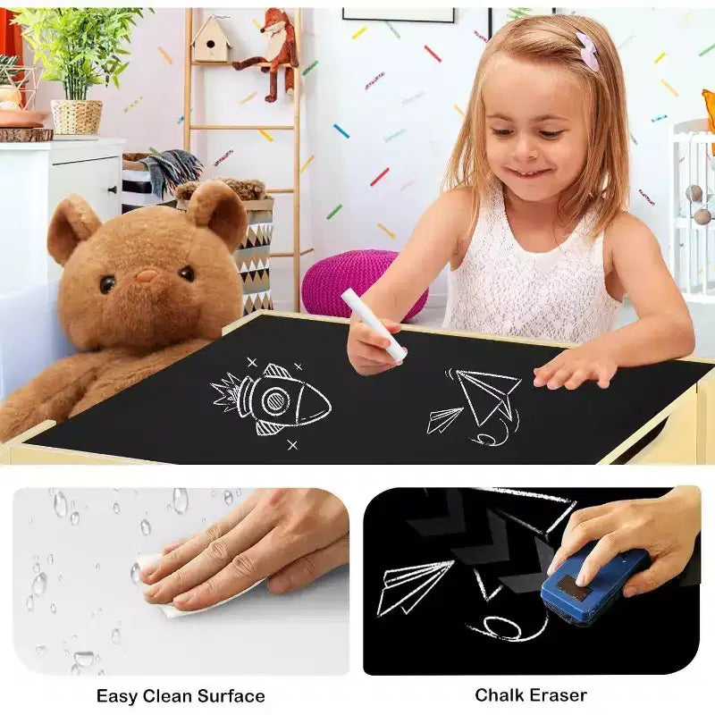 Kinder King 3-in-1 Kids Table & 2 Chairs Set with Storage, Removable Top & Blackboard, for Art, Crafts, Reading